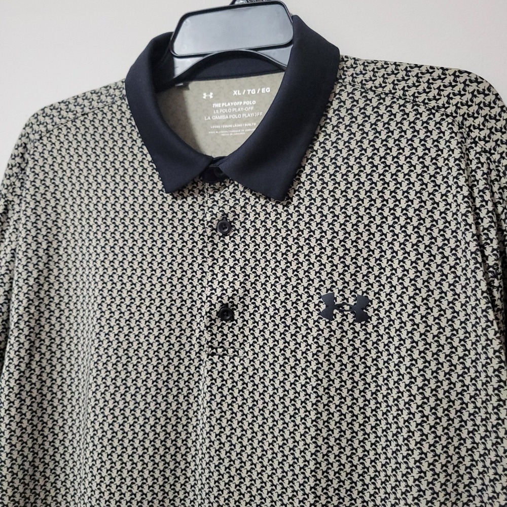 Under Armour Playoff Polo Shirt Mens XL Tan Black Houndstooth Golf Performance